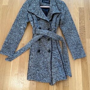 Guess Women's Black and White Tweed Trench Coat